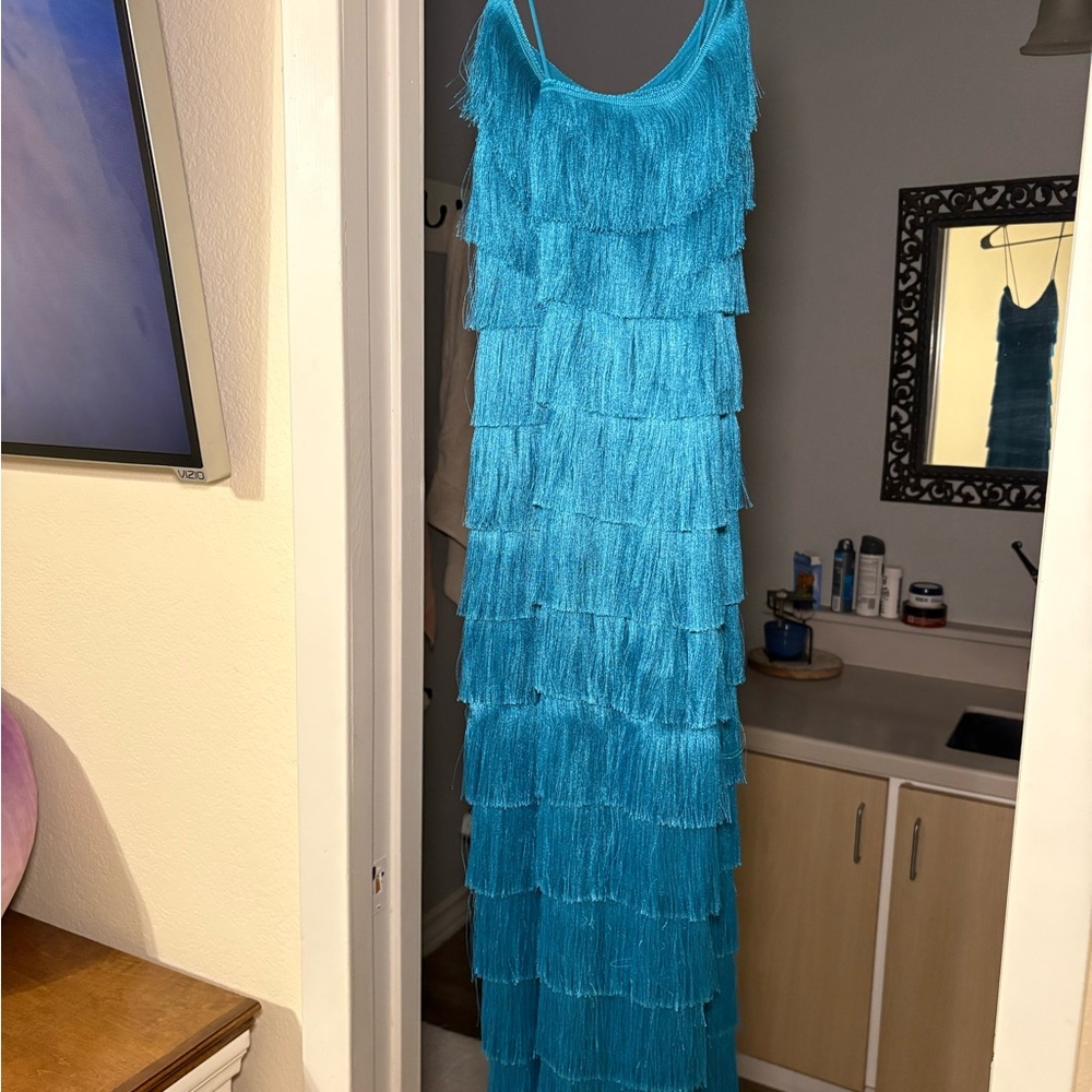 ASOS Turquoise Tiered Fringe Maxi Dress